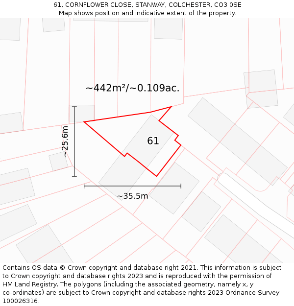 61, CORNFLOWER CLOSE, STANWAY, COLCHESTER, CO3 0SE: Plot and title map