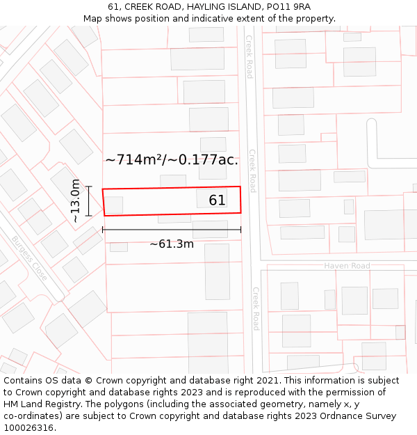 61, CREEK ROAD, HAYLING ISLAND, PO11 9RA: Plot and title map