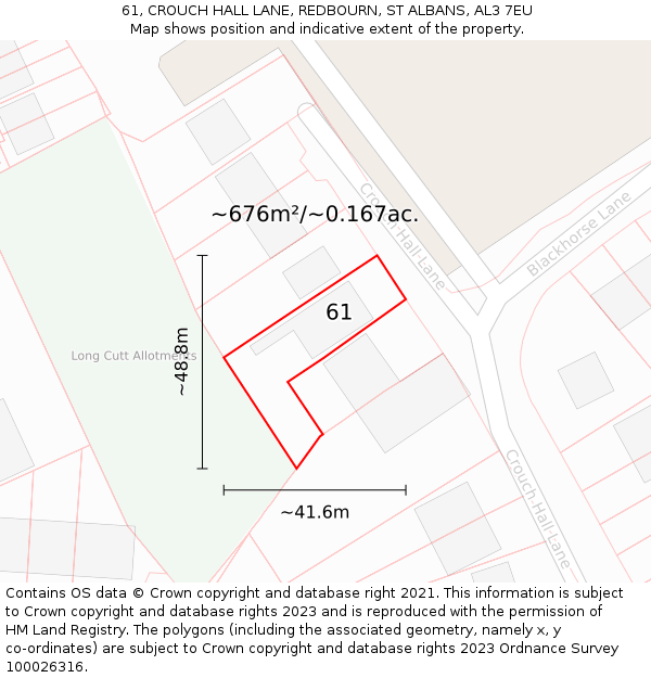 61, CROUCH HALL LANE, REDBOURN, ST ALBANS, AL3 7EU: Plot and title map