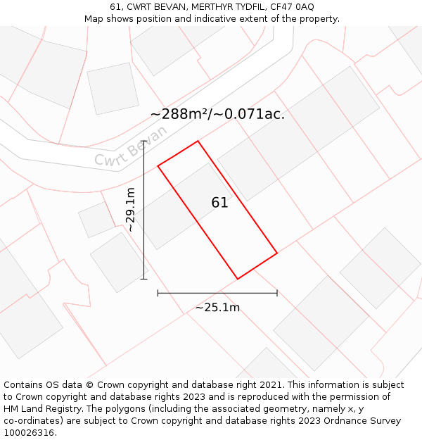 61, CWRT BEVAN, MERTHYR TYDFIL, CF47 0AQ: Plot and title map