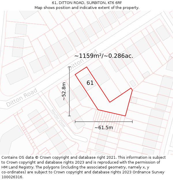 61, DITTON ROAD, SURBITON, KT6 6RF: Plot and title map