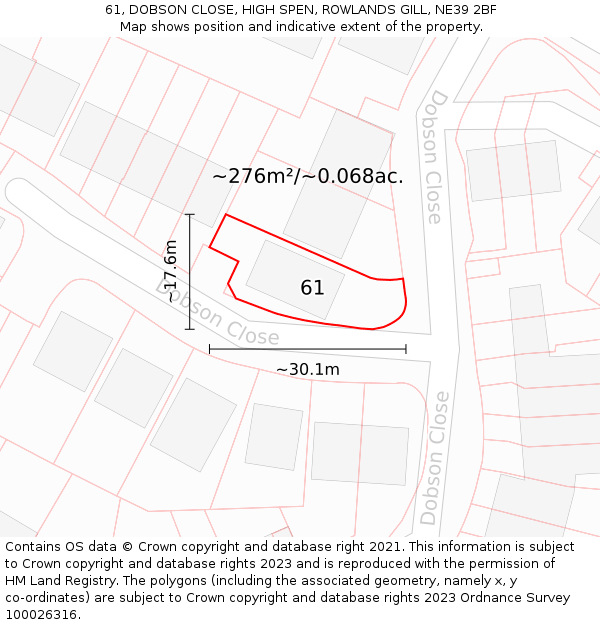61, DOBSON CLOSE, HIGH SPEN, ROWLANDS GILL, NE39 2BF: Plot and title map