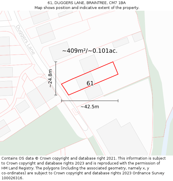 61, DUGGERS LANE, BRAINTREE, CM7 1BA: Plot and title map