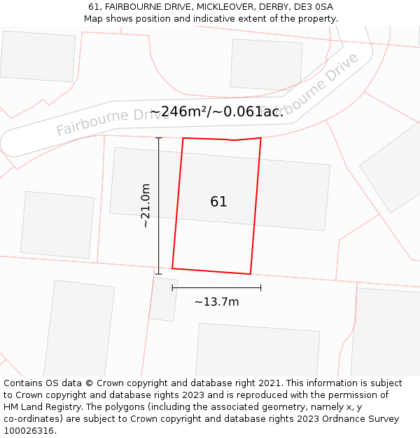 61, FAIRBOURNE DRIVE, MICKLEOVER, DERBY, DE3 0SA: Plot and title map