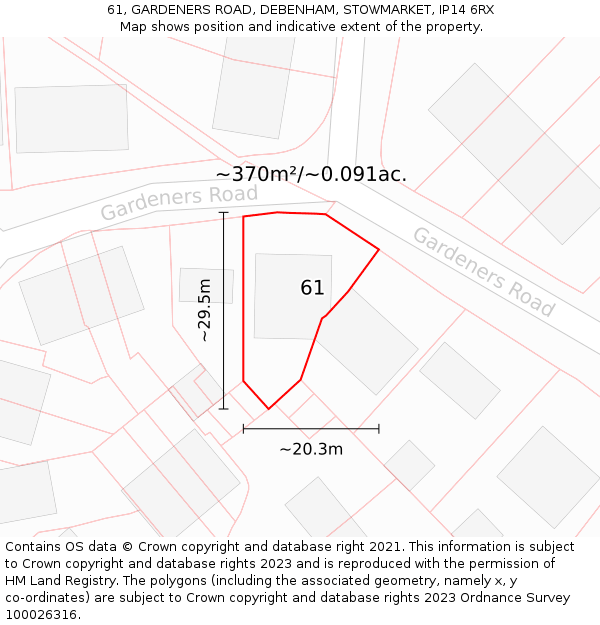 61, GARDENERS ROAD, DEBENHAM, STOWMARKET, IP14 6RX: Plot and title map