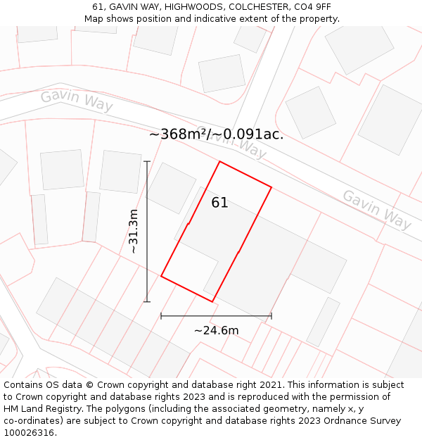 61, GAVIN WAY, HIGHWOODS, COLCHESTER, CO4 9FF: Plot and title map