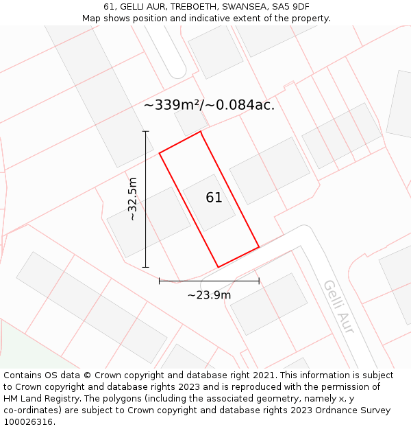 61, GELLI AUR, TREBOETH, SWANSEA, SA5 9DF: Plot and title map