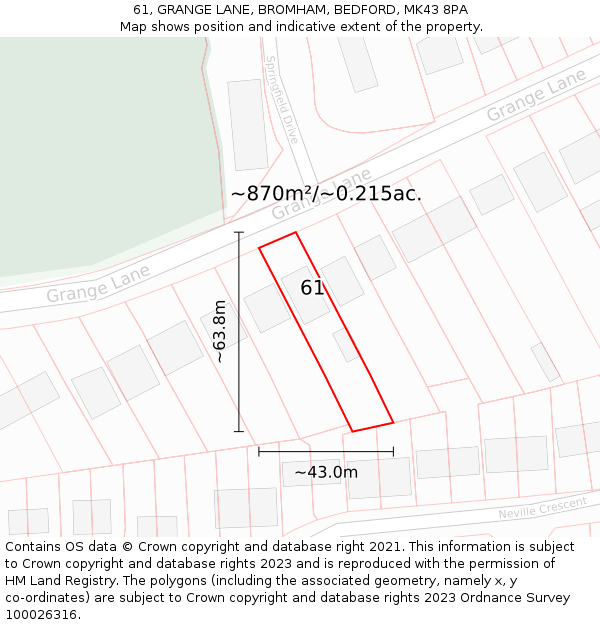 61, GRANGE LANE, BROMHAM, BEDFORD, MK43 8PA: Plot and title map