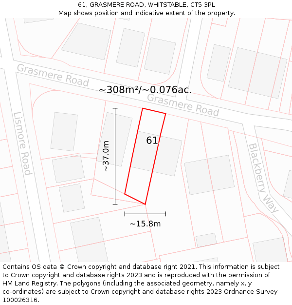 61, GRASMERE ROAD, WHITSTABLE, CT5 3PL: Plot and title map