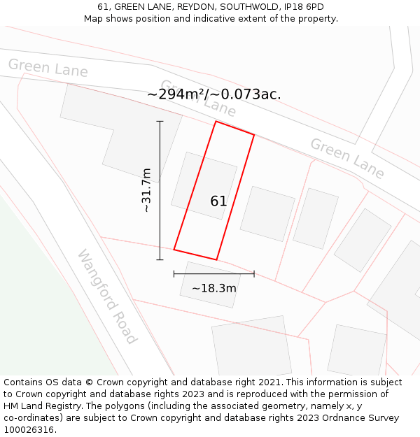 61, GREEN LANE, REYDON, SOUTHWOLD, IP18 6PD: Plot and title map