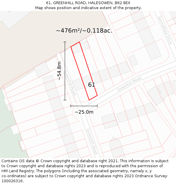 61, GREENHILL ROAD, HALESOWEN, B62 8EX: Plot and title map