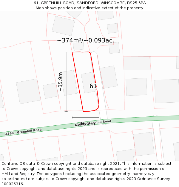 61, GREENHILL ROAD, SANDFORD, WINSCOMBE, BS25 5PA: Plot and title map