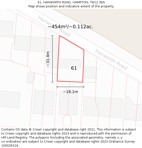61, HANWORTH ROAD, HAMPTON, TW12 3EA: Plot and title map