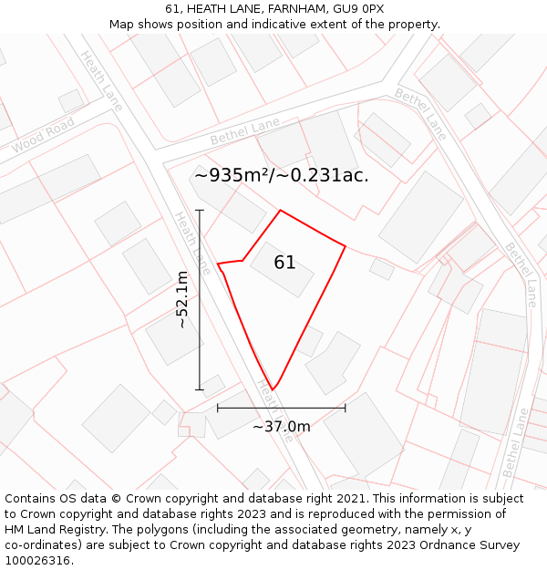 61, HEATH LANE, FARNHAM, GU9 0PX: Plot and title map