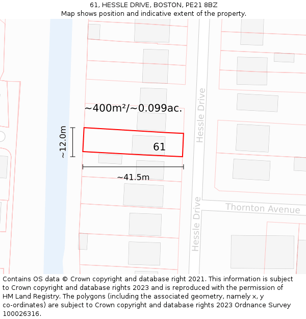 61, HESSLE DRIVE, BOSTON, PE21 8BZ: Plot and title map