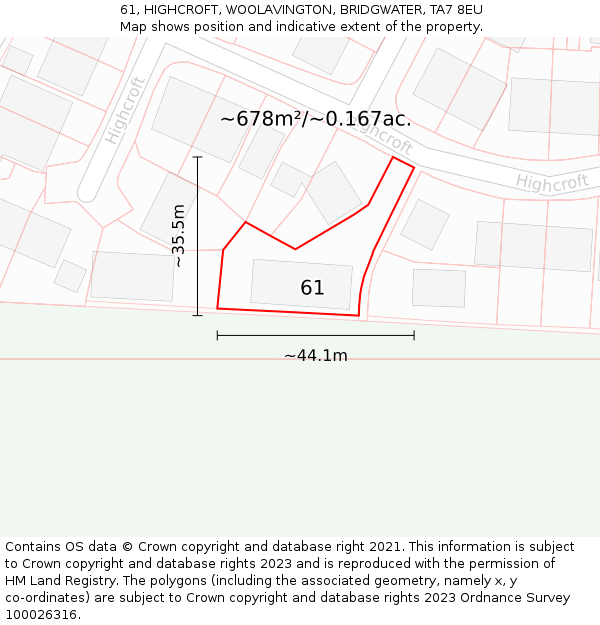 61, HIGHCROFT, WOOLAVINGTON, BRIDGWATER, TA7 8EU: Plot and title map