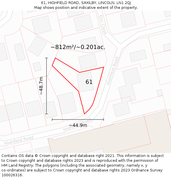 61, HIGHFIELD ROAD, SAXILBY, LINCOLN, LN1 2QJ: Plot and title map