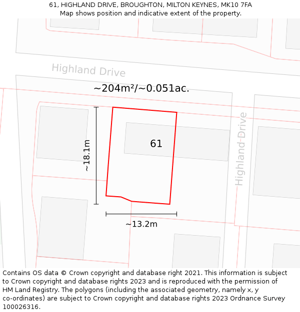 61, HIGHLAND DRIVE, BROUGHTON, MILTON KEYNES, MK10 7FA: Plot and title map
