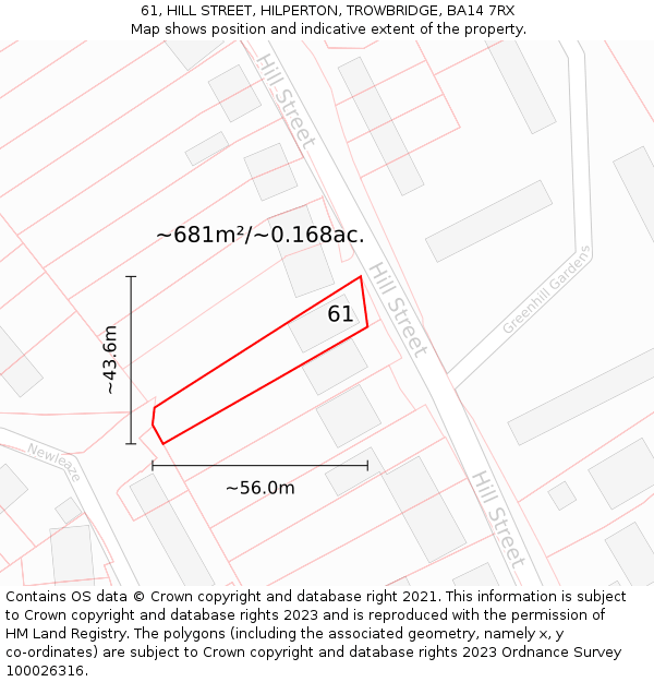 61, HILL STREET, HILPERTON, TROWBRIDGE, BA14 7RX: Plot and title map