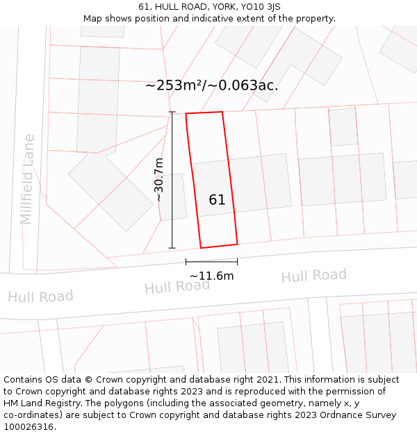 61, HULL ROAD, YORK, YO10 3JS: Plot and title map