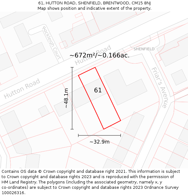 61, HUTTON ROAD, SHENFIELD, BRENTWOOD, CM15 8NJ: Plot and title map