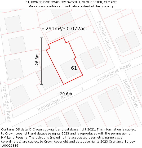 61, IRONBRIDGE ROAD, TWIGWORTH, GLOUCESTER, GL2 9GT: Plot and title map