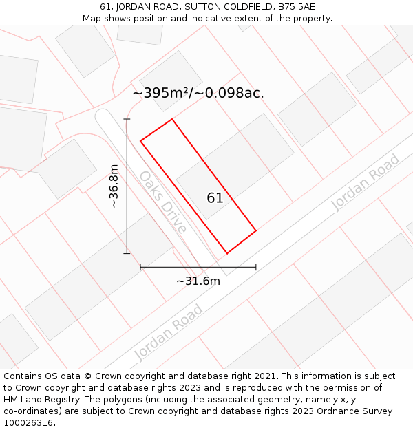 61, JORDAN ROAD, SUTTON COLDFIELD, B75 5AE: Plot and title map