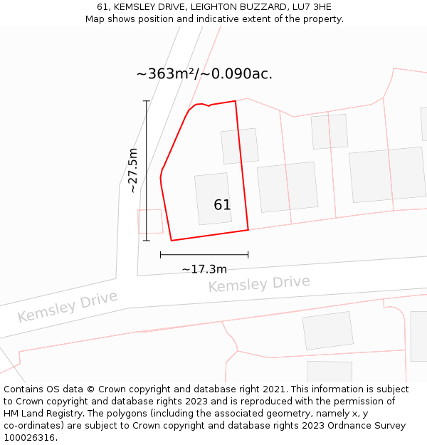 61, KEMSLEY DRIVE, LEIGHTON BUZZARD, LU7 3HE: Plot and title map