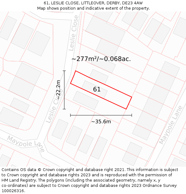 61, LESLIE CLOSE, LITTLEOVER, DERBY, DE23 4AW: Plot and title map