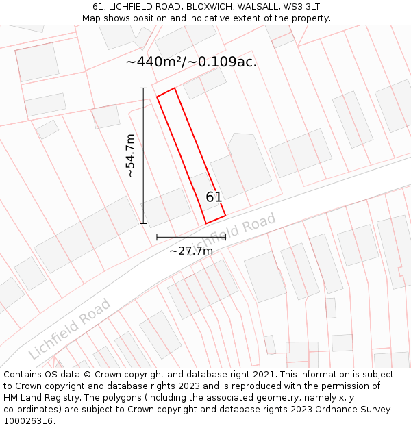 61, LICHFIELD ROAD, BLOXWICH, WALSALL, WS3 3LT: Plot and title map