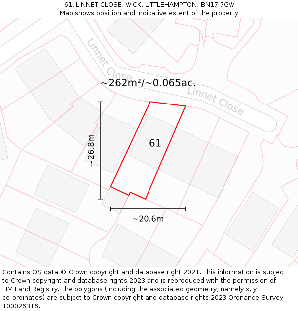 61, LINNET CLOSE, WICK, LITTLEHAMPTON, BN17 7GW: Plot and title map