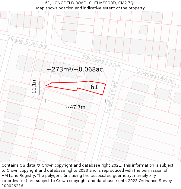 61, LONGFIELD ROAD, CHELMSFORD, CM2 7QH: Plot and title map