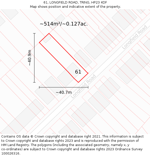 61, LONGFIELD ROAD, TRING, HP23 4DF: Plot and title map