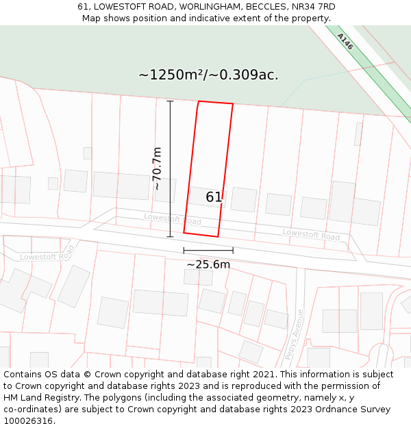 61, LOWESTOFT ROAD, WORLINGHAM, BECCLES, NR34 7RD: Plot and title map