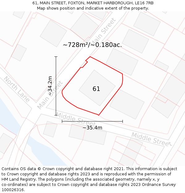 61, MAIN STREET, FOXTON, MARKET HARBOROUGH, LE16 7RB: Plot and title map