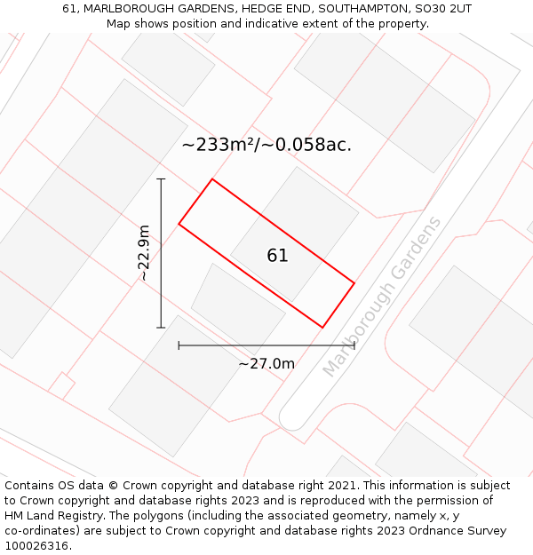 61, MARLBOROUGH GARDENS, HEDGE END, SOUTHAMPTON, SO30 2UT: Plot and title map