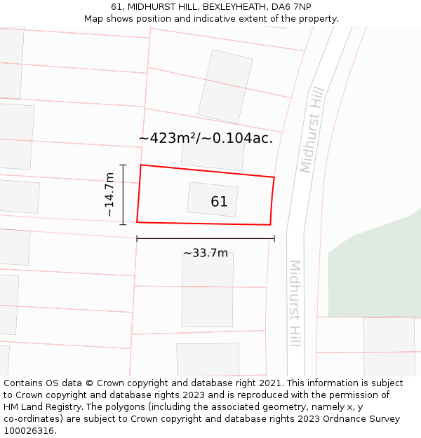 61, MIDHURST HILL, BEXLEYHEATH, DA6 7NP: Plot and title map