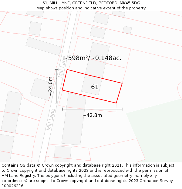61, MILL LANE, GREENFIELD, BEDFORD, MK45 5DG: Plot and title map
