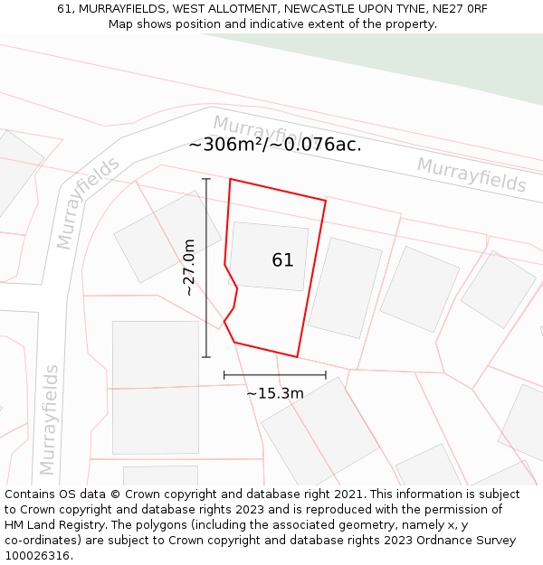 61, MURRAYFIELDS, WEST ALLOTMENT, NEWCASTLE UPON TYNE, NE27 0RF: Plot and title map