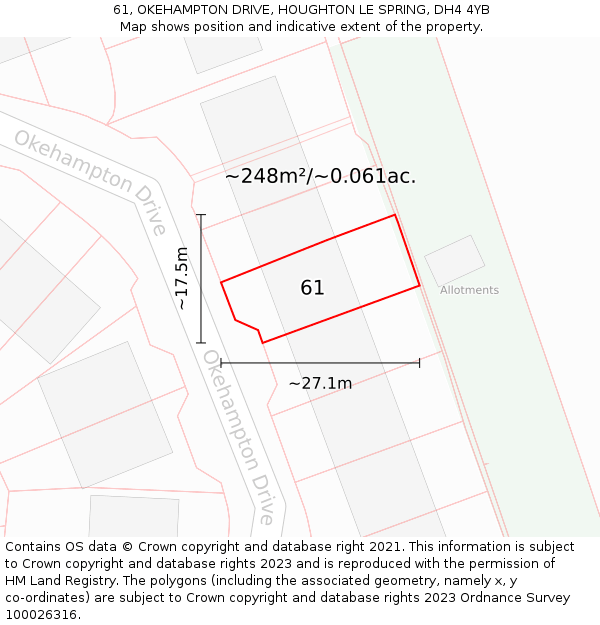 61, OKEHAMPTON DRIVE, HOUGHTON LE SPRING, DH4 4YB: Plot and title map