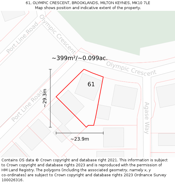 61, OLYMPIC CRESCENT, BROOKLANDS, MILTON KEYNES, MK10 7LE: Plot and title map