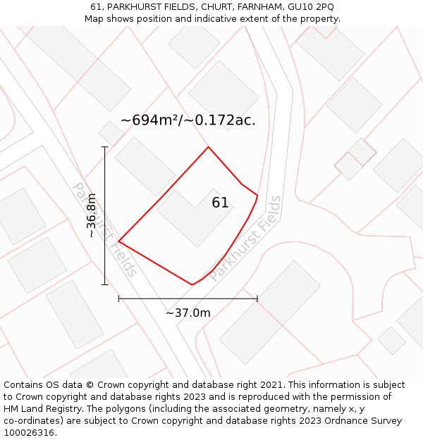 61, PARKHURST FIELDS, CHURT, FARNHAM, GU10 2PQ: Plot and title map