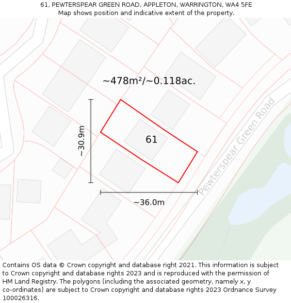 61, PEWTERSPEAR GREEN ROAD, APPLETON, WARRINGTON, WA4 5FE: Plot and title map
