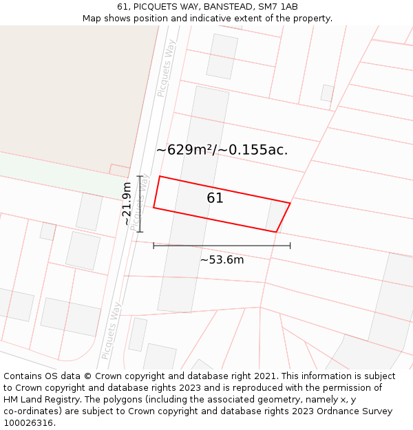 61, PICQUETS WAY, BANSTEAD, SM7 1AB: Plot and title map