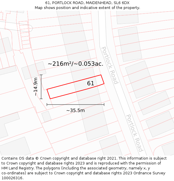 61, PORTLOCK ROAD, MAIDENHEAD, SL6 6DX: Plot and title map