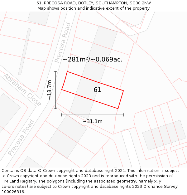 61, PRECOSA ROAD, BOTLEY, SOUTHAMPTON, SO30 2NW: Plot and title map