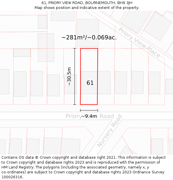 61, PRIORY VIEW ROAD, BOURNEMOUTH, BH9 3JH: Plot and title map
