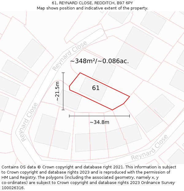 61, REYNARD CLOSE, REDDITCH, B97 6PY: Plot and title map