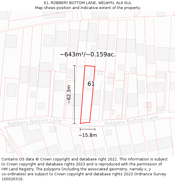 61, ROBBERY BOTTOM LANE, WELWYN, AL6 0UL: Plot and title map