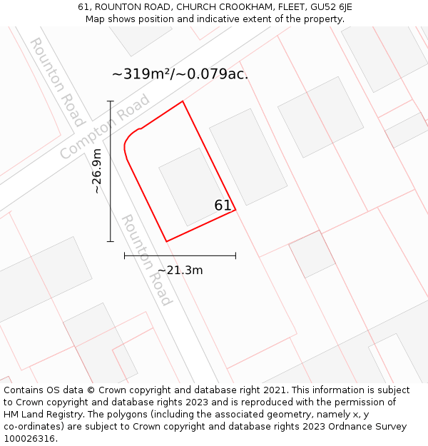 61, ROUNTON ROAD, CHURCH CROOKHAM, FLEET, GU52 6JE: Plot and title map